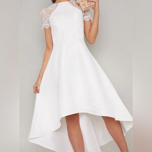 Sheer Lace Bodice Dip Hem Midi Dress